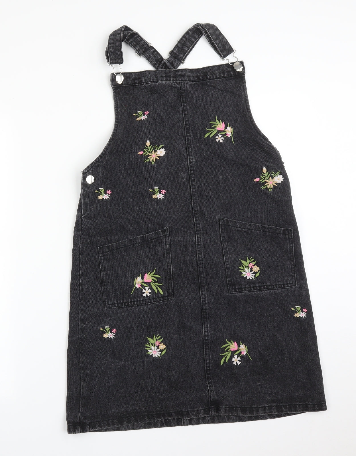 DENIM CO Girls Black Floral  Pinafore/Dungaree Dress  Size 14-15 Years