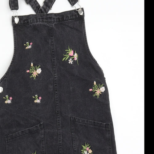 DENIM CO Girls Black Floral  Pinafore/Dungaree Dress  Size 14-15 Years