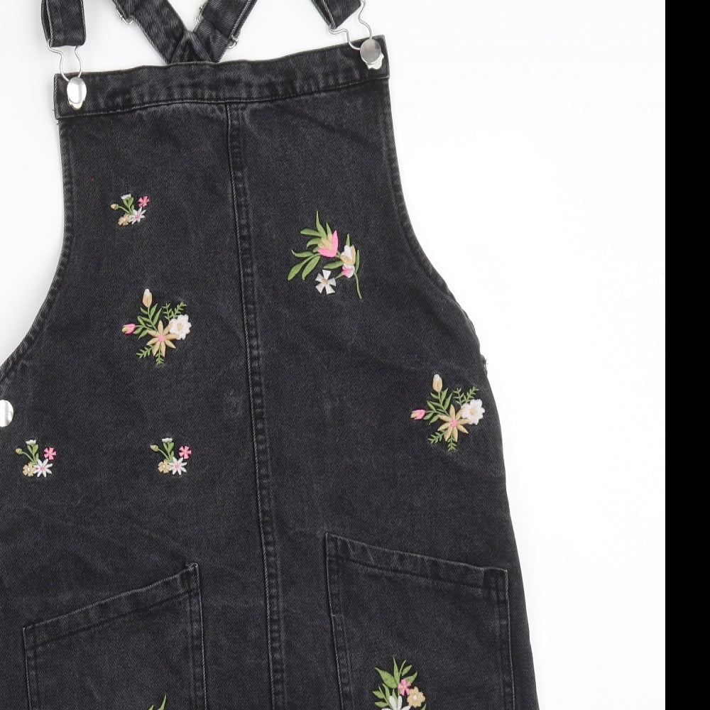 DENIM CO Girls Black Floral  Pinafore/Dungaree Dress  Size 14-15 Years