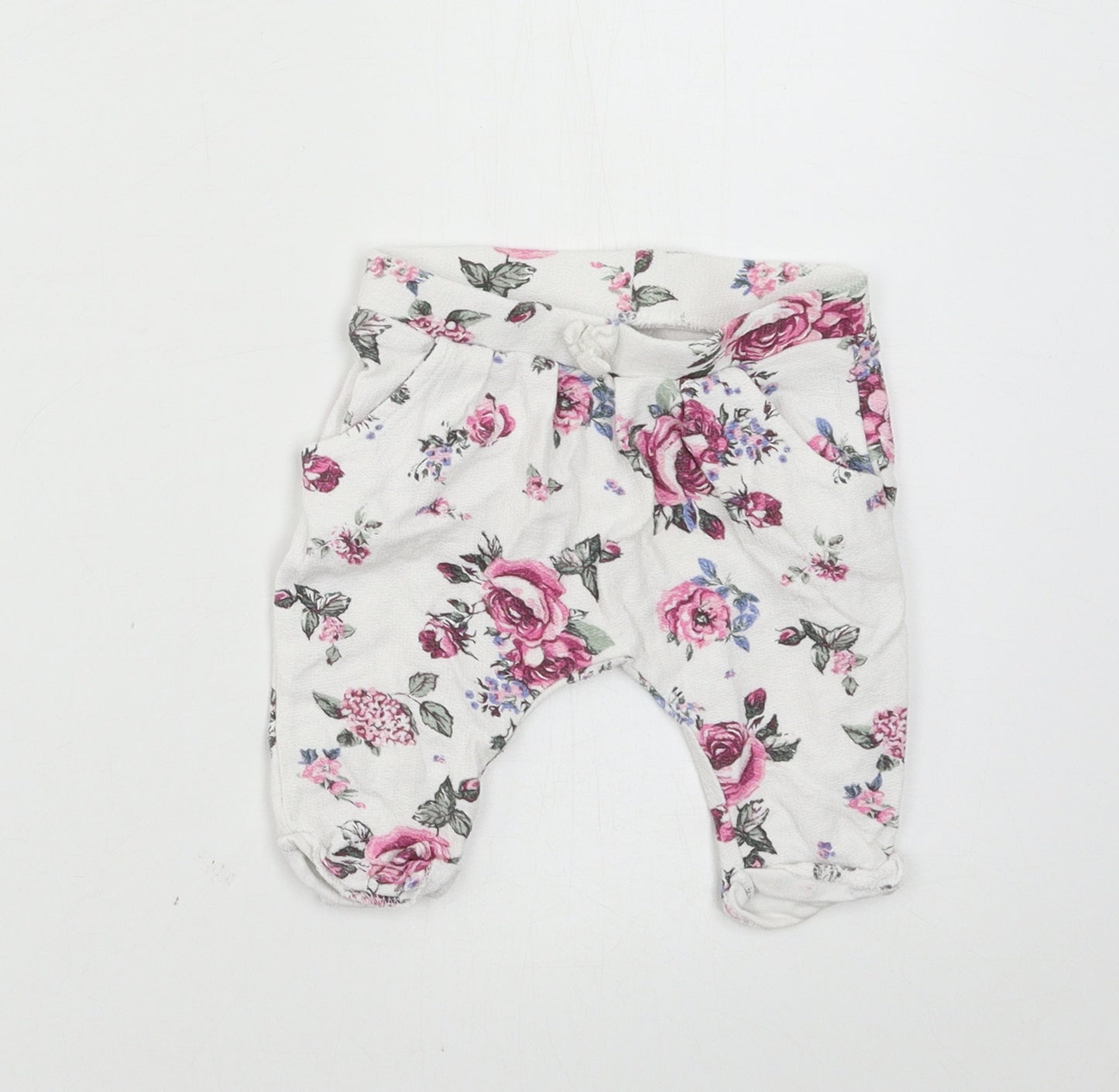 Nutmeg Girls White Floral Jersey Jogger Trousers Size 0-3 Months