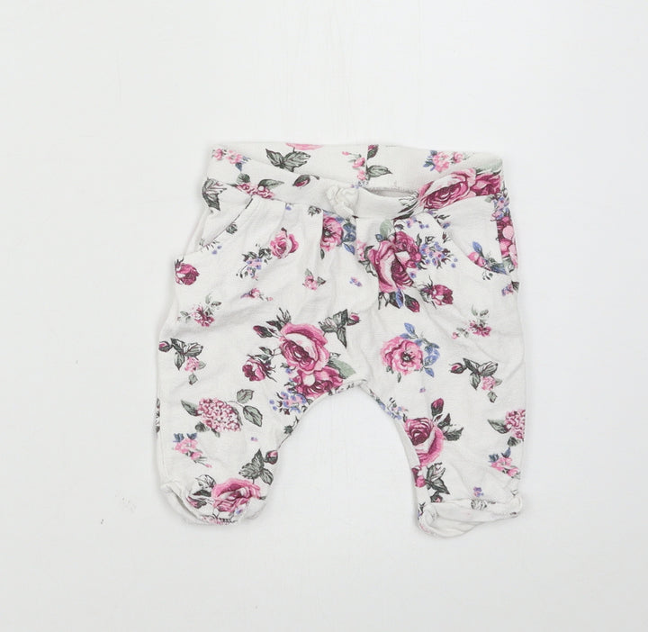 Nutmeg Girls White Floral Jersey Jogger Trousers Size 0-3 Months