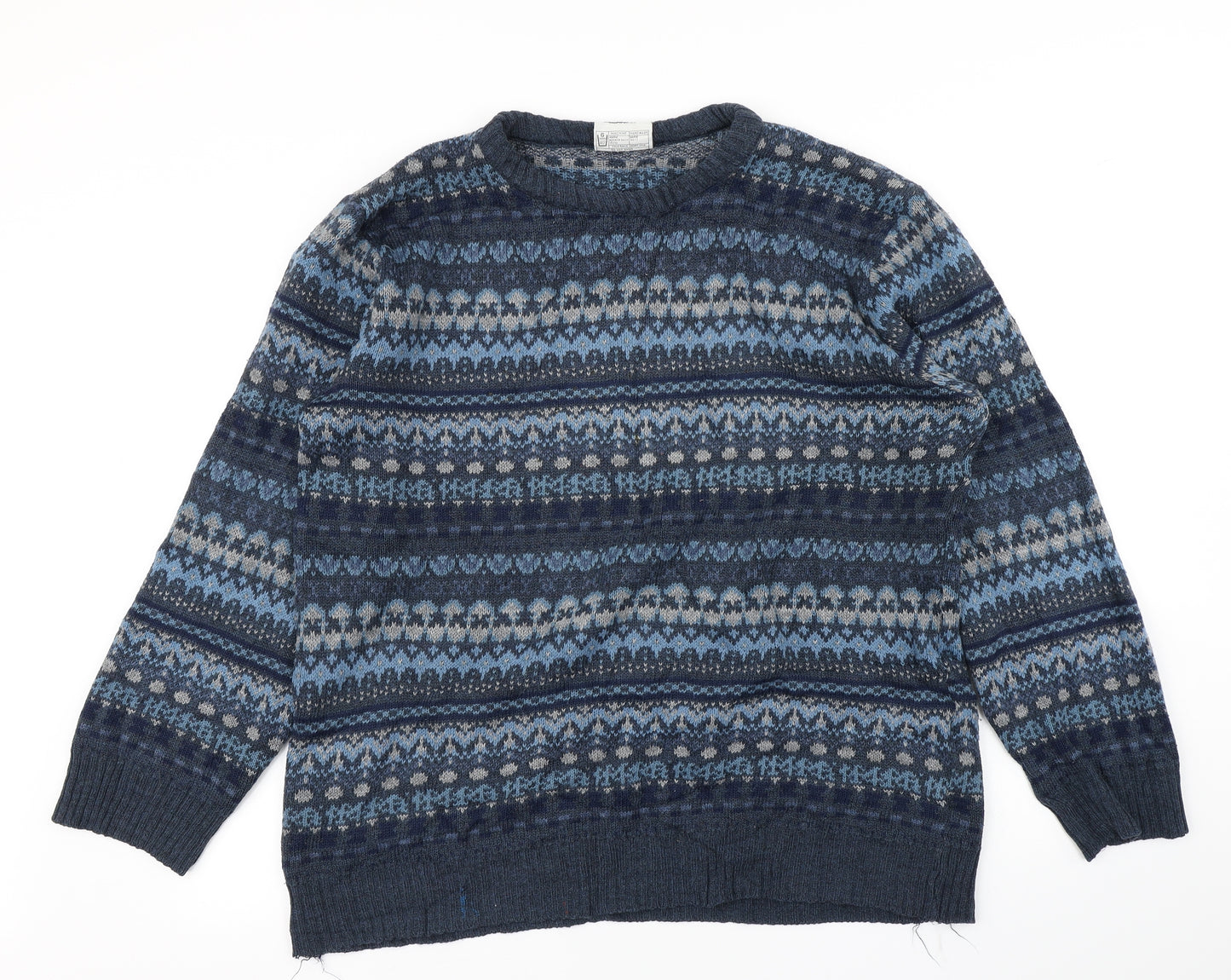 greenwoods Mens Blue Fair Isle Knit Pullover Jumper Size XL