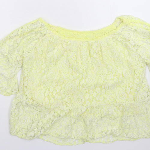 Preworn Womens Yellow Floral Lace Basic Blouse Size 8