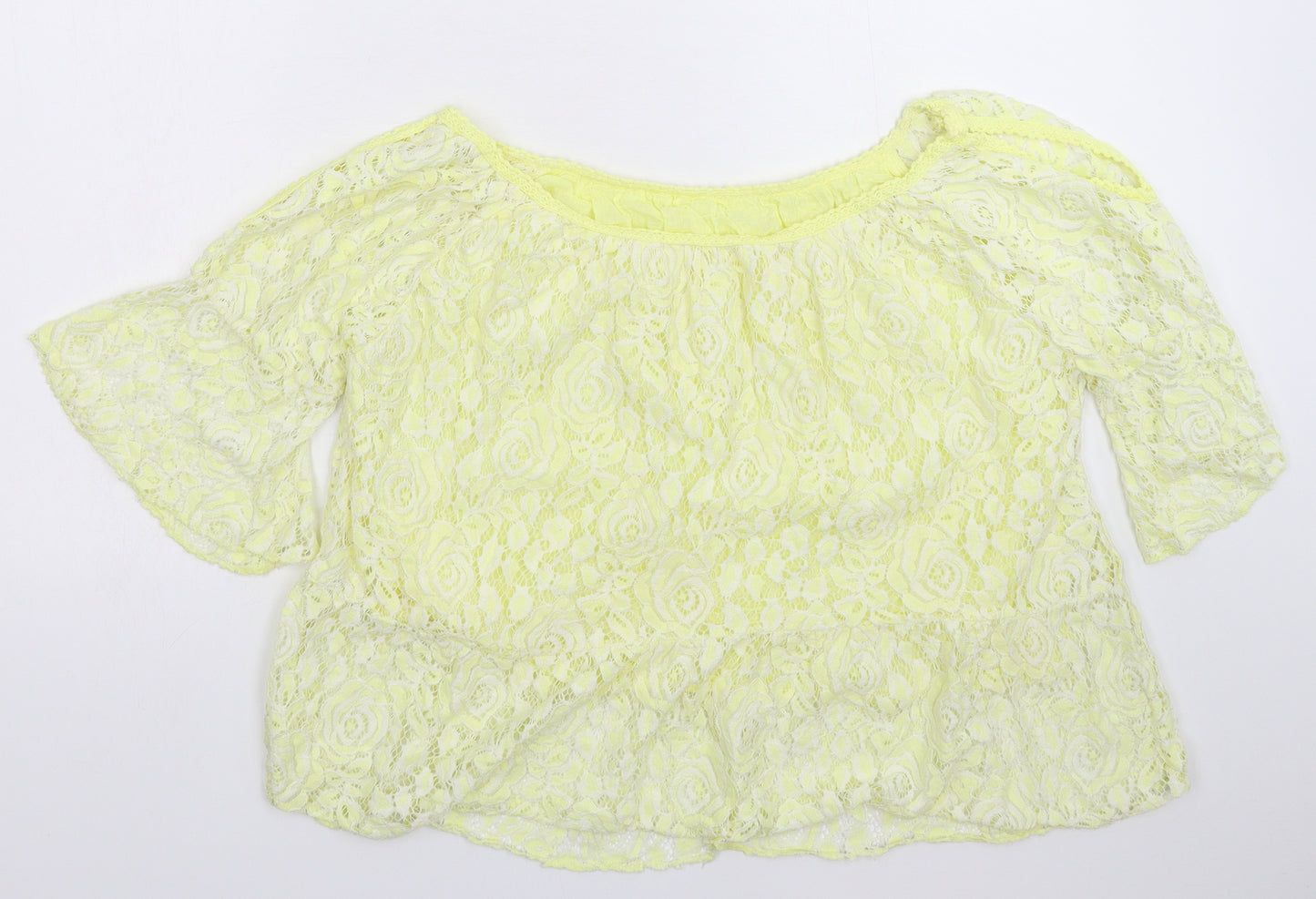 Preworn Womens Yellow Floral Lace Basic Blouse Size 8