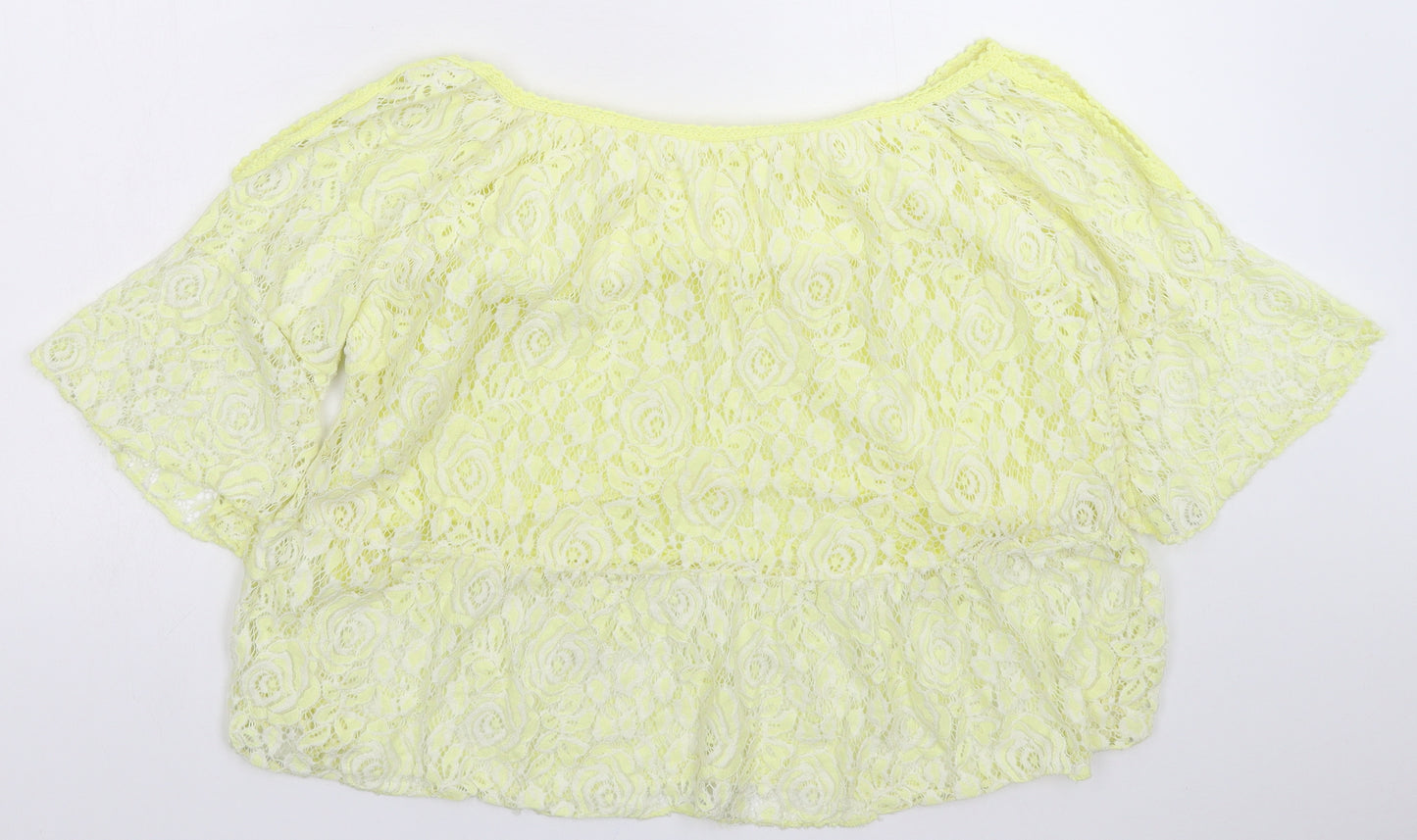 Preworn Womens Yellow Floral Lace Basic Blouse Size 8
