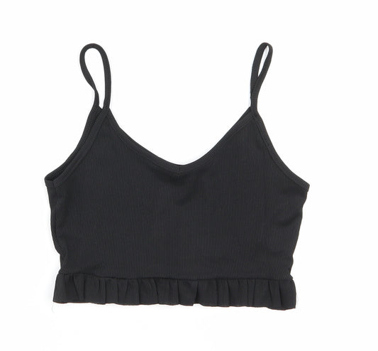 Front view of Boohoo women’s black basic tank, size UK 10