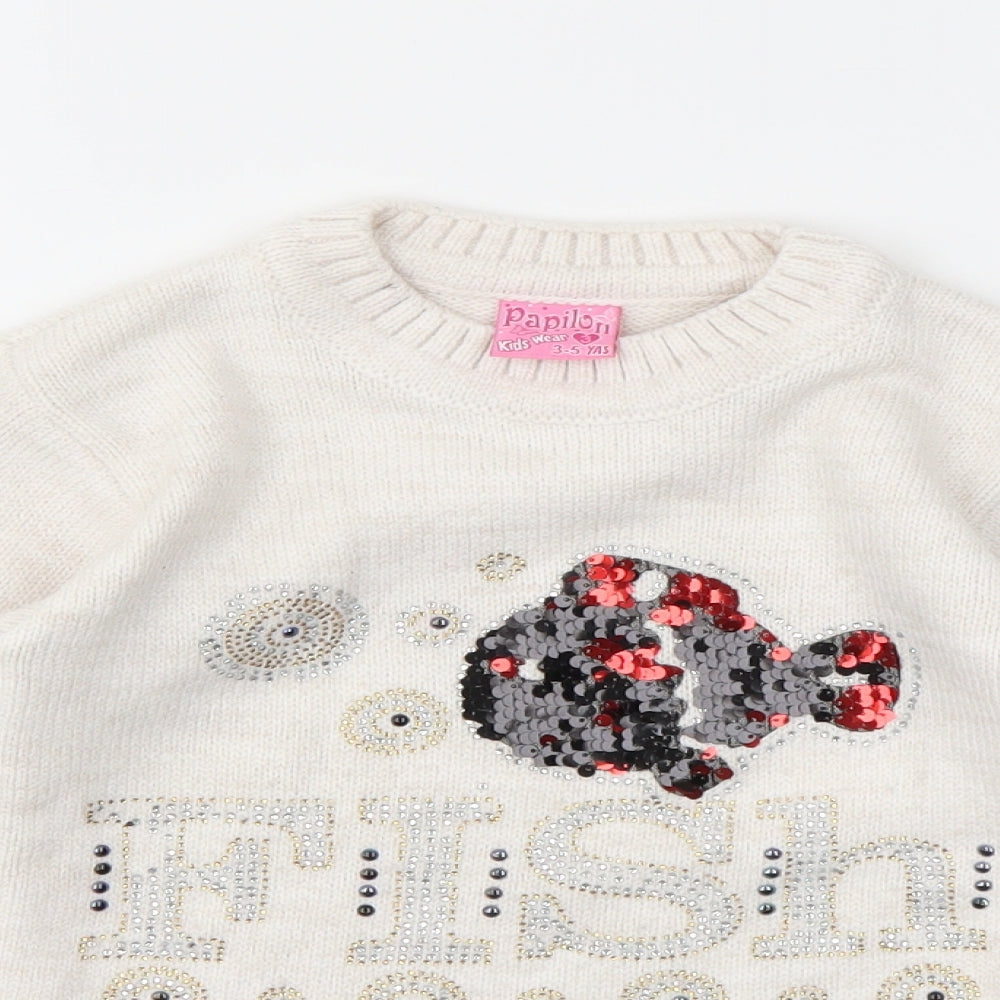 PAPILON Girls Ivory Geometric  Pullover Jumper Size 3-4 Years