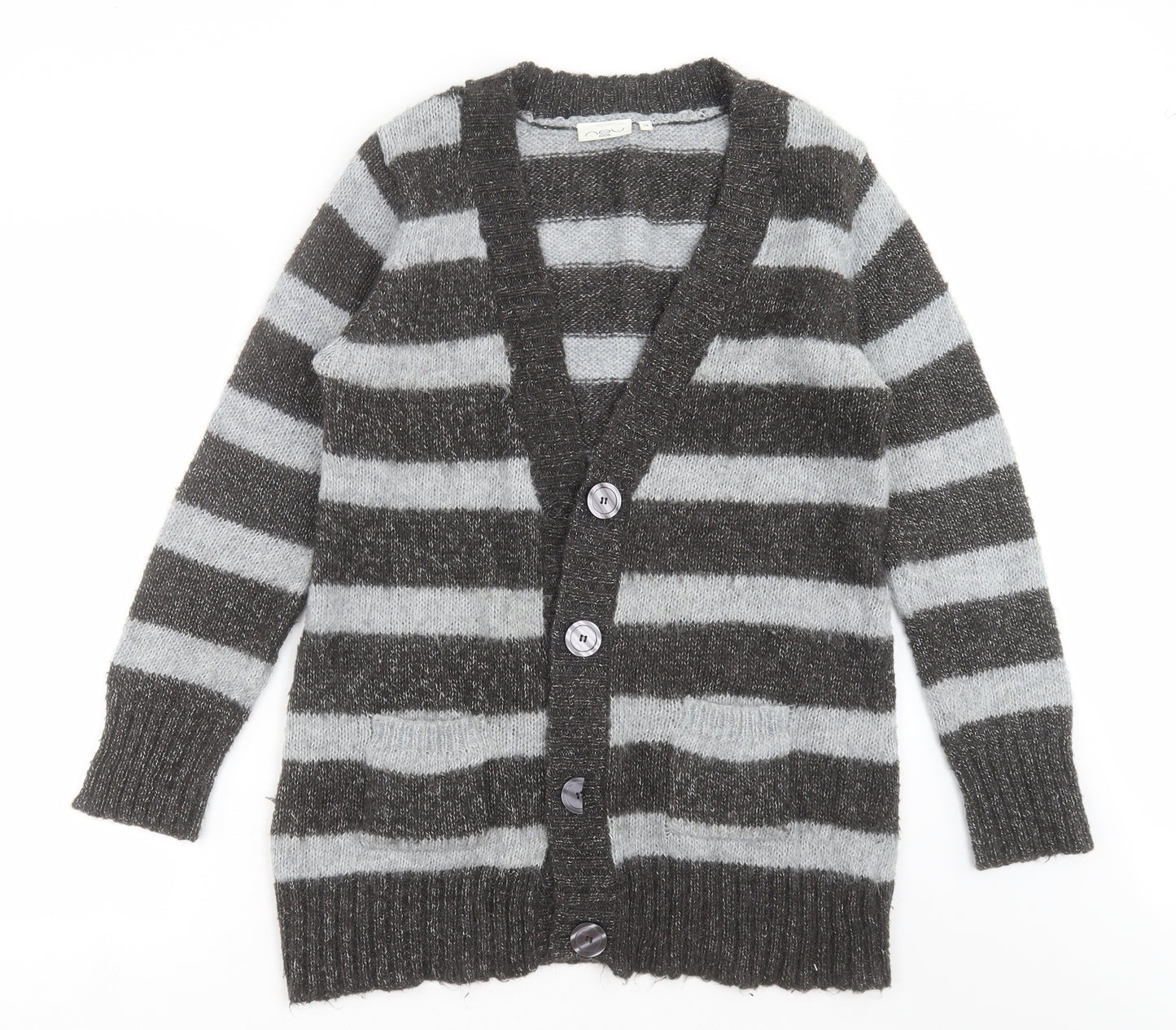 New Look Womens Grey Striped Knit Cardigan Jumper Size 14