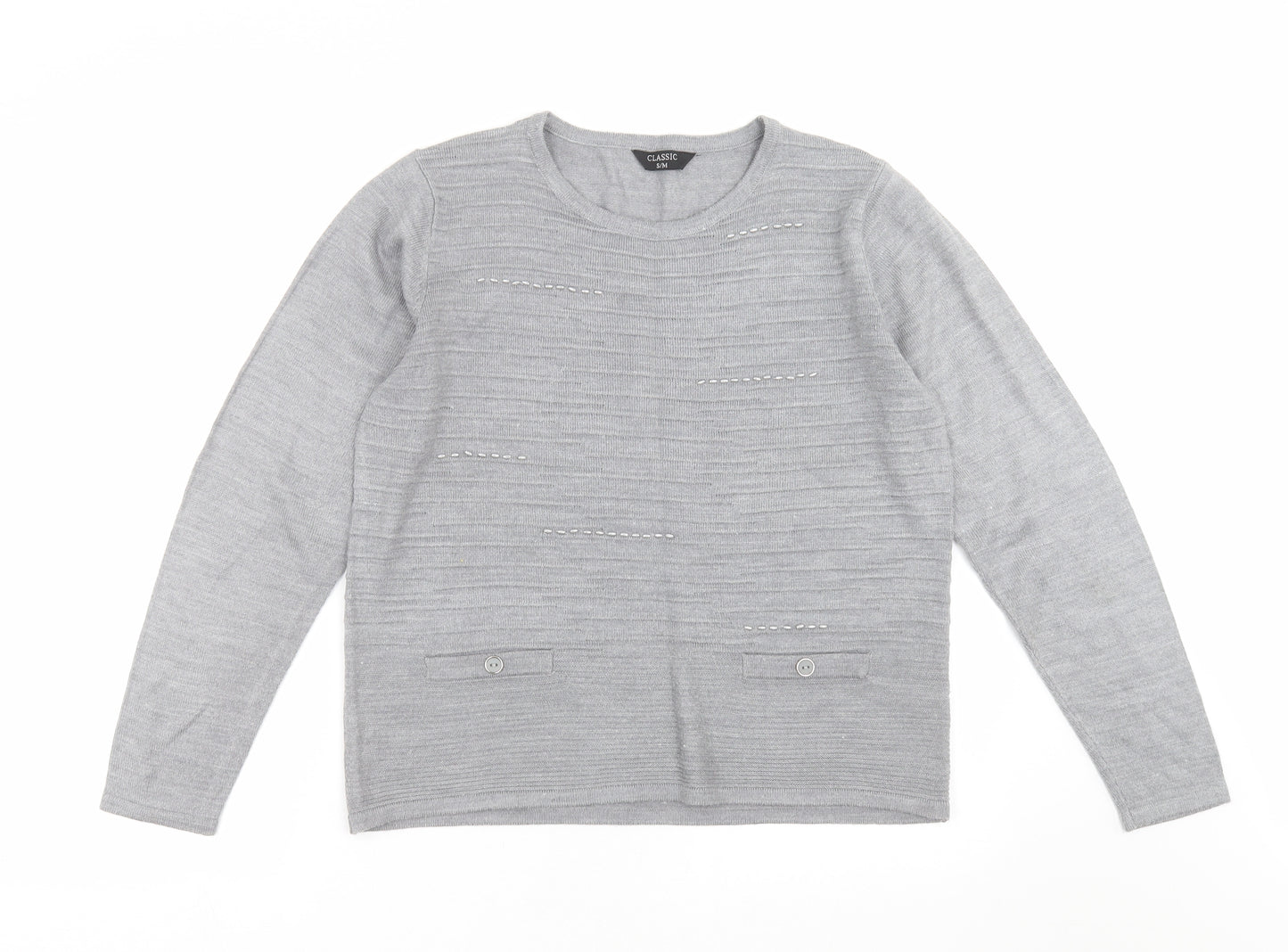 Classic Womens Grey Striped Knit Pullover Jumper Size S  - beaded