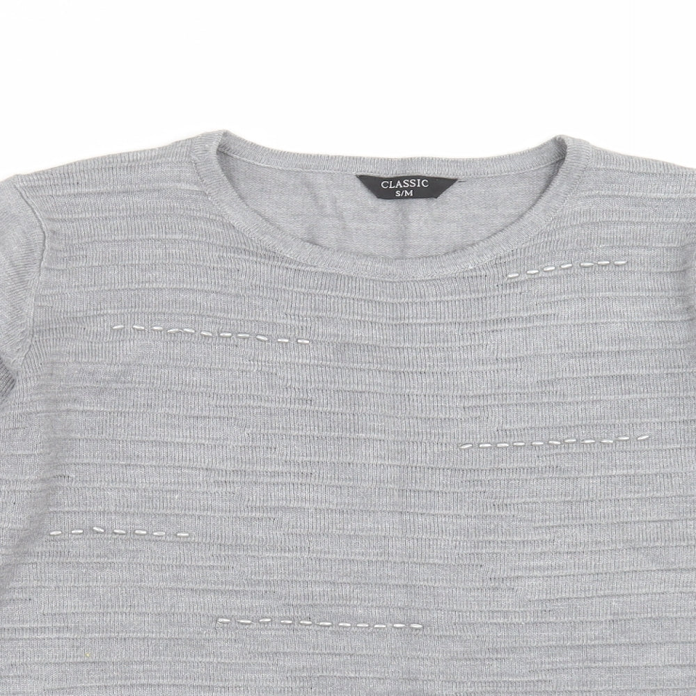 Classic Womens Grey Striped Knit Pullover Jumper Size S  - beaded