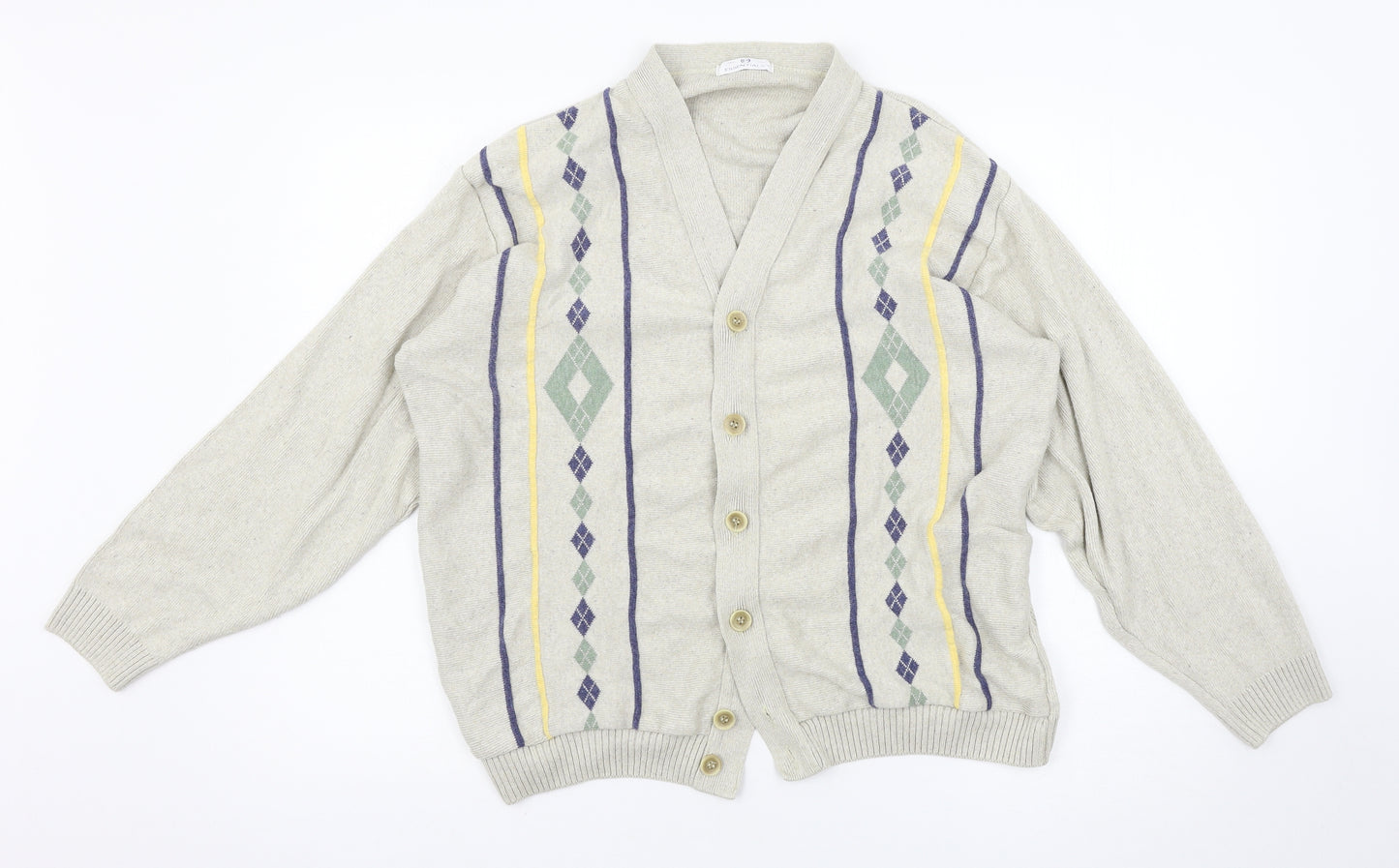 Essential Mens Beige Argyle/Diamond  Cardigan Jumper Size M