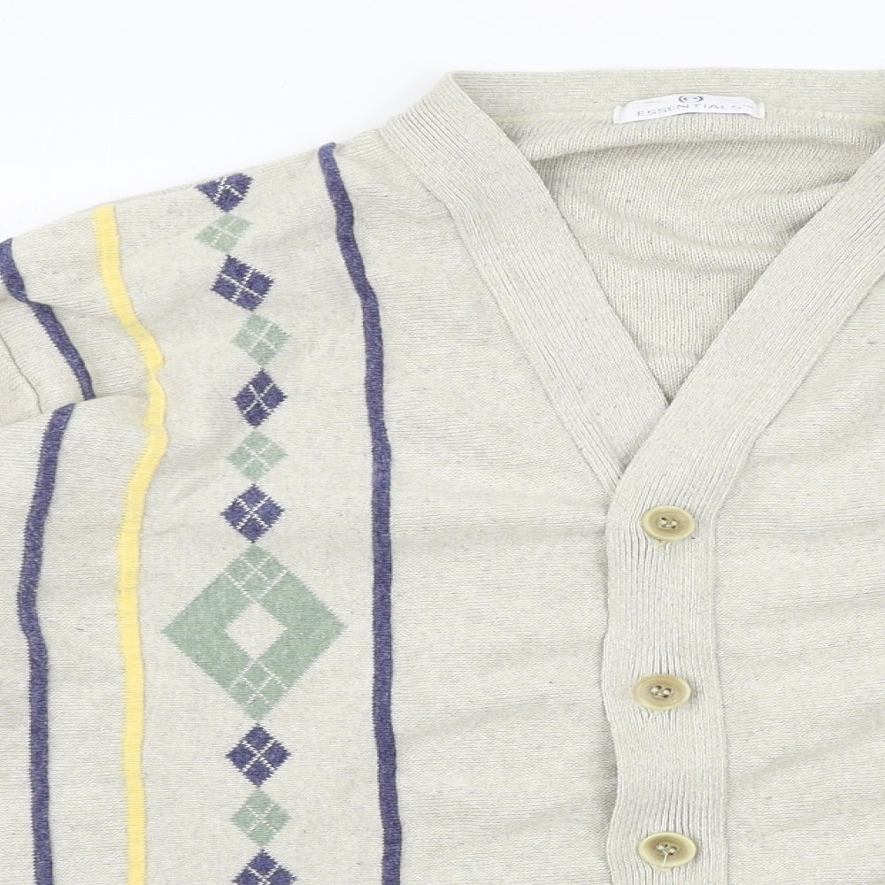 Essential Mens Beige Argyle/Diamond  Cardigan Jumper Size M