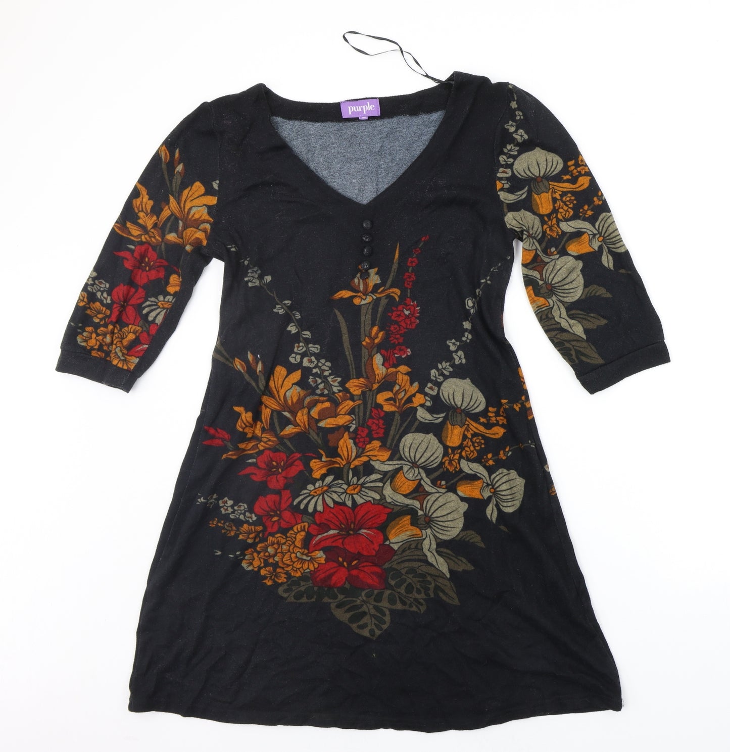 Purple Womens Black Floral  A-Line  Size M