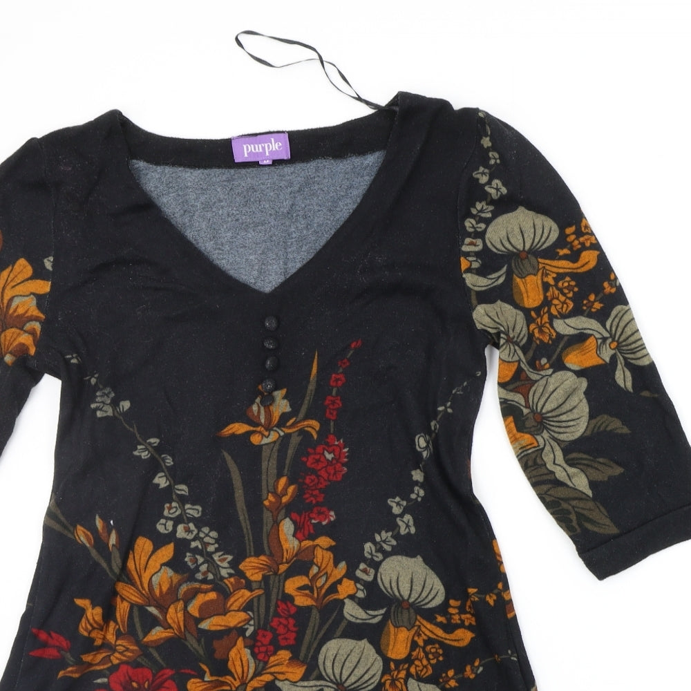 Purple Womens Black Floral  A-Line  Size M