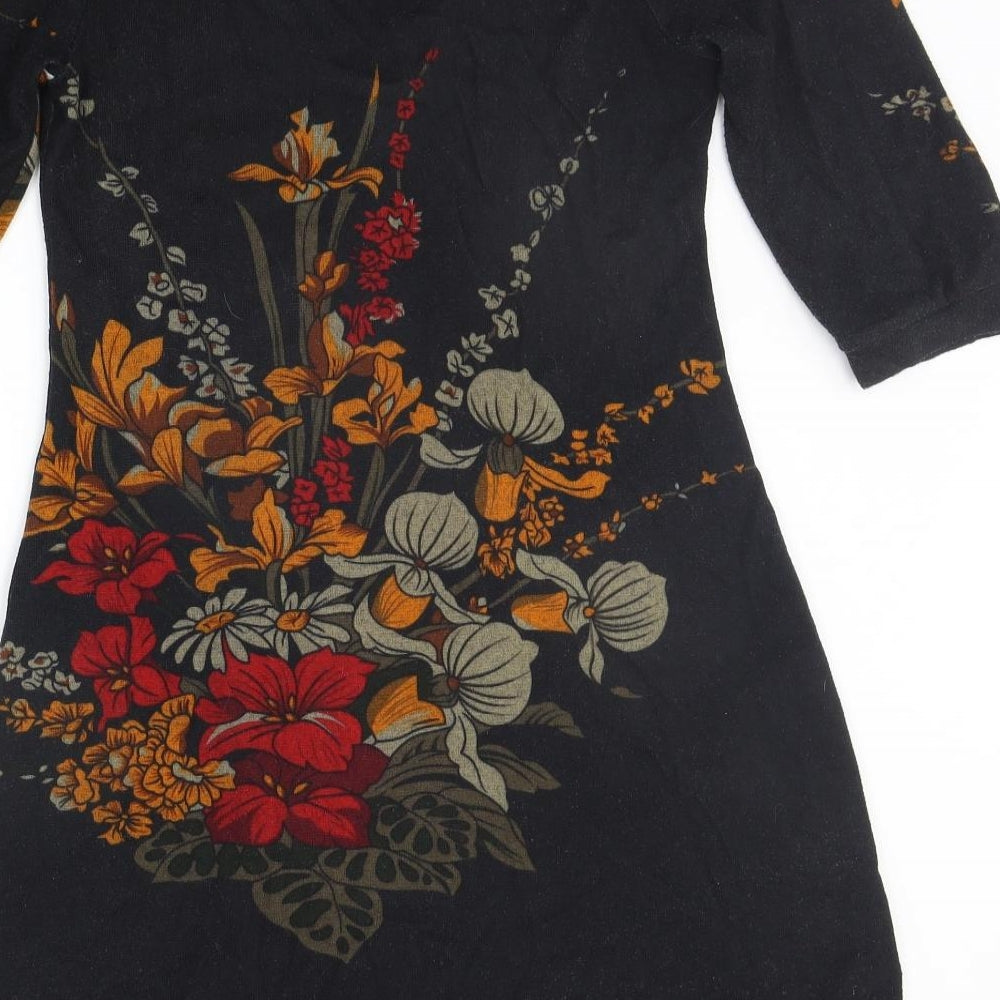 Purple Womens Black Floral  A-Line  Size M