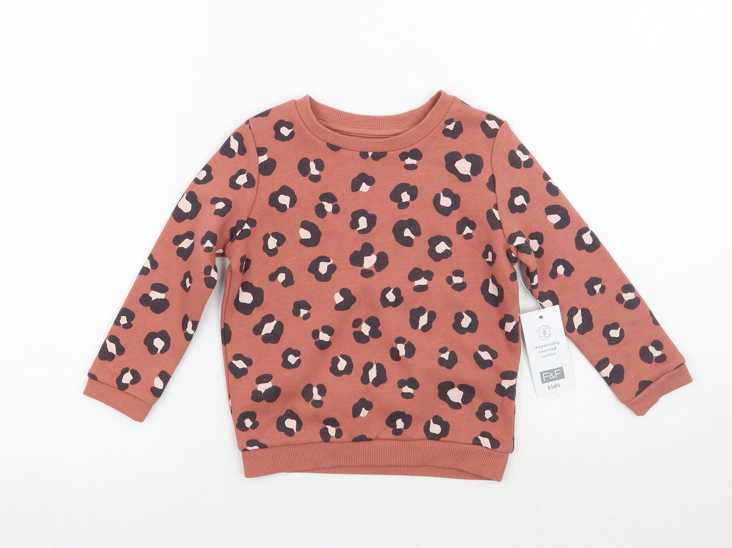 F&F Girls Brown Animal Print  Pullover Jumper Size 2-3 Years