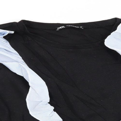Zara Womens Black   Pullover Jumper Size 6  - Blue striped fabric ruffles to front
