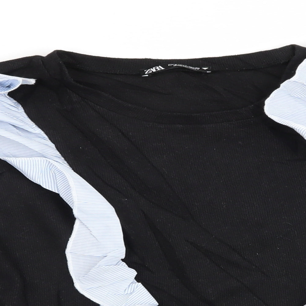 Zara Womens Black   Pullover Jumper Size 6  - Blue striped fabric ruffles to front