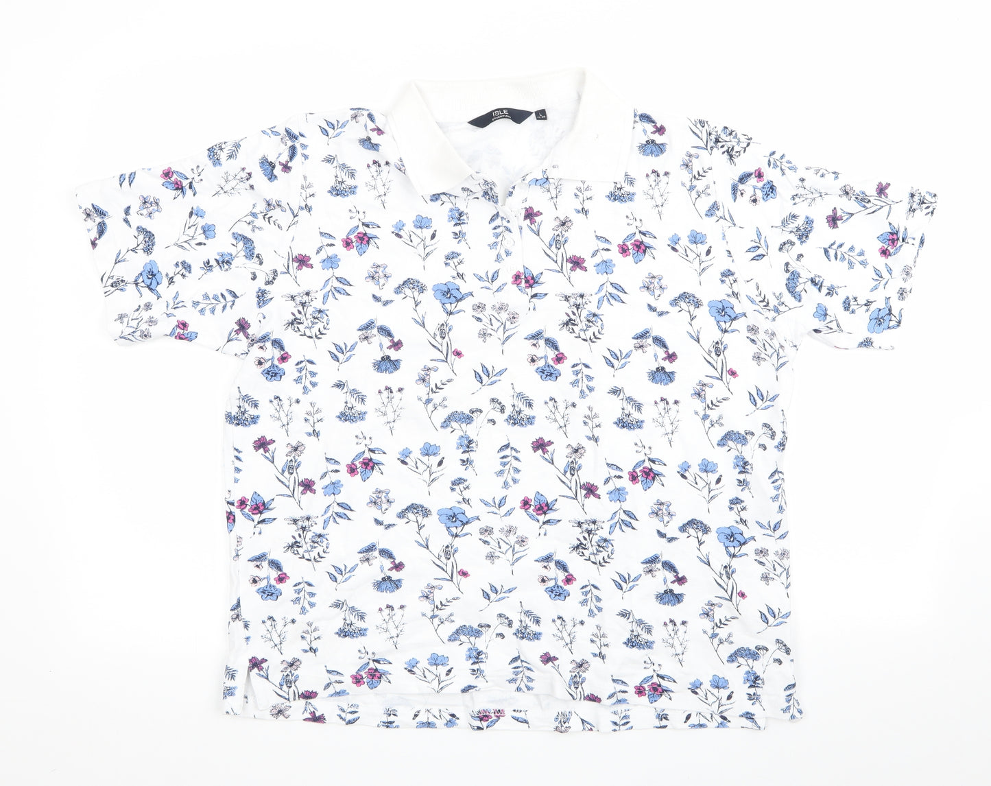 Isle Womens White Floral  Basic Polo Size L  - Blue Pink Flowers