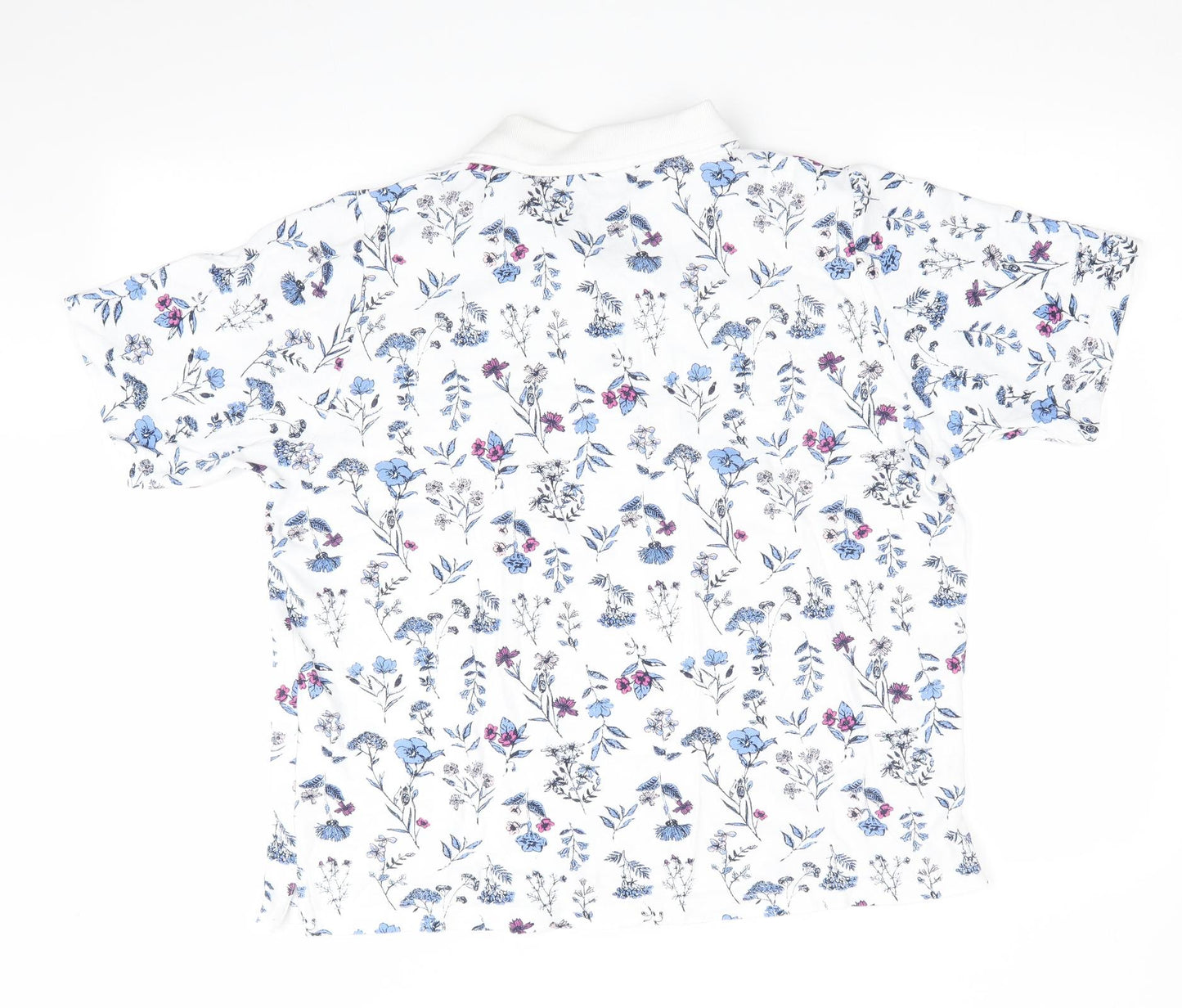 Isle Womens White Floral  Basic Polo Size L  - Blue Pink Flowers