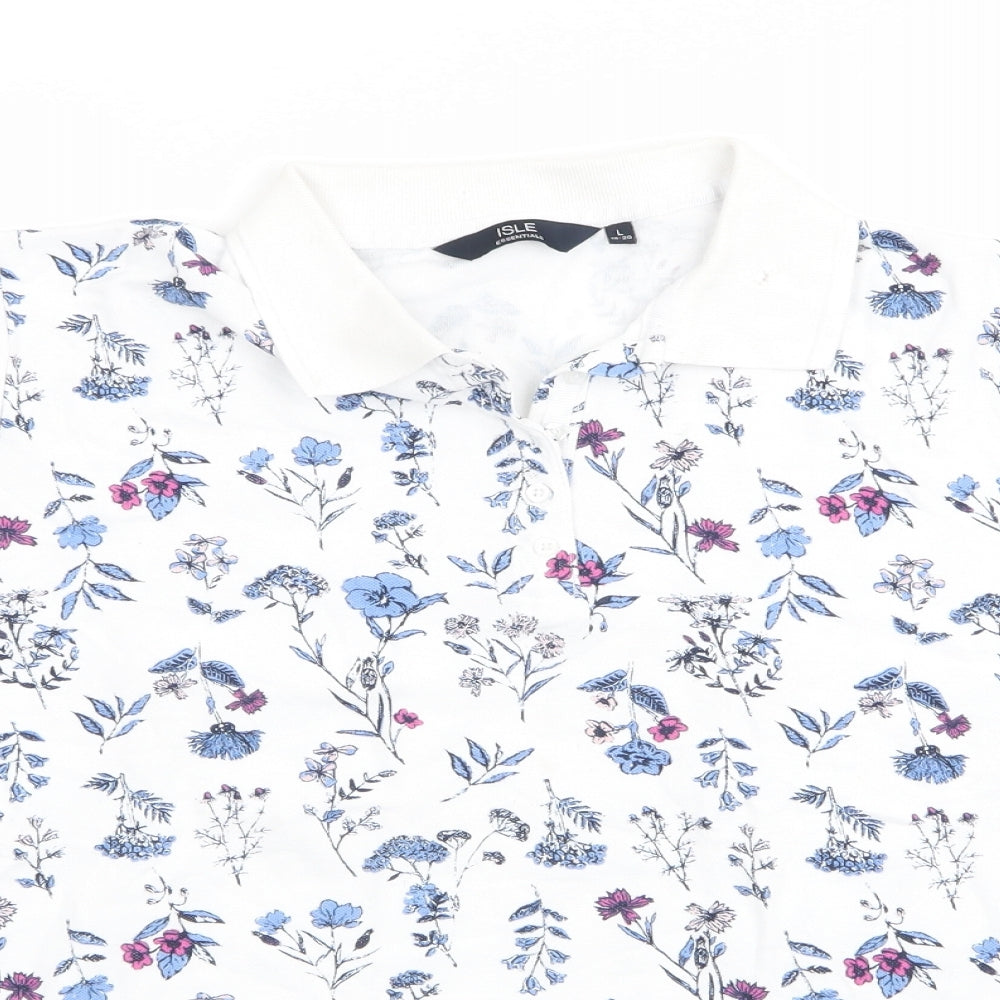 Isle Womens White Floral  Basic Polo Size L  - Blue Pink Flowers