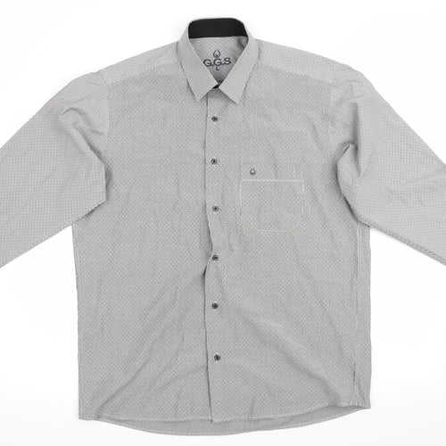 GGS Mens Grey Striped   Button-Up Size L  - Vertical broken stripe with dots