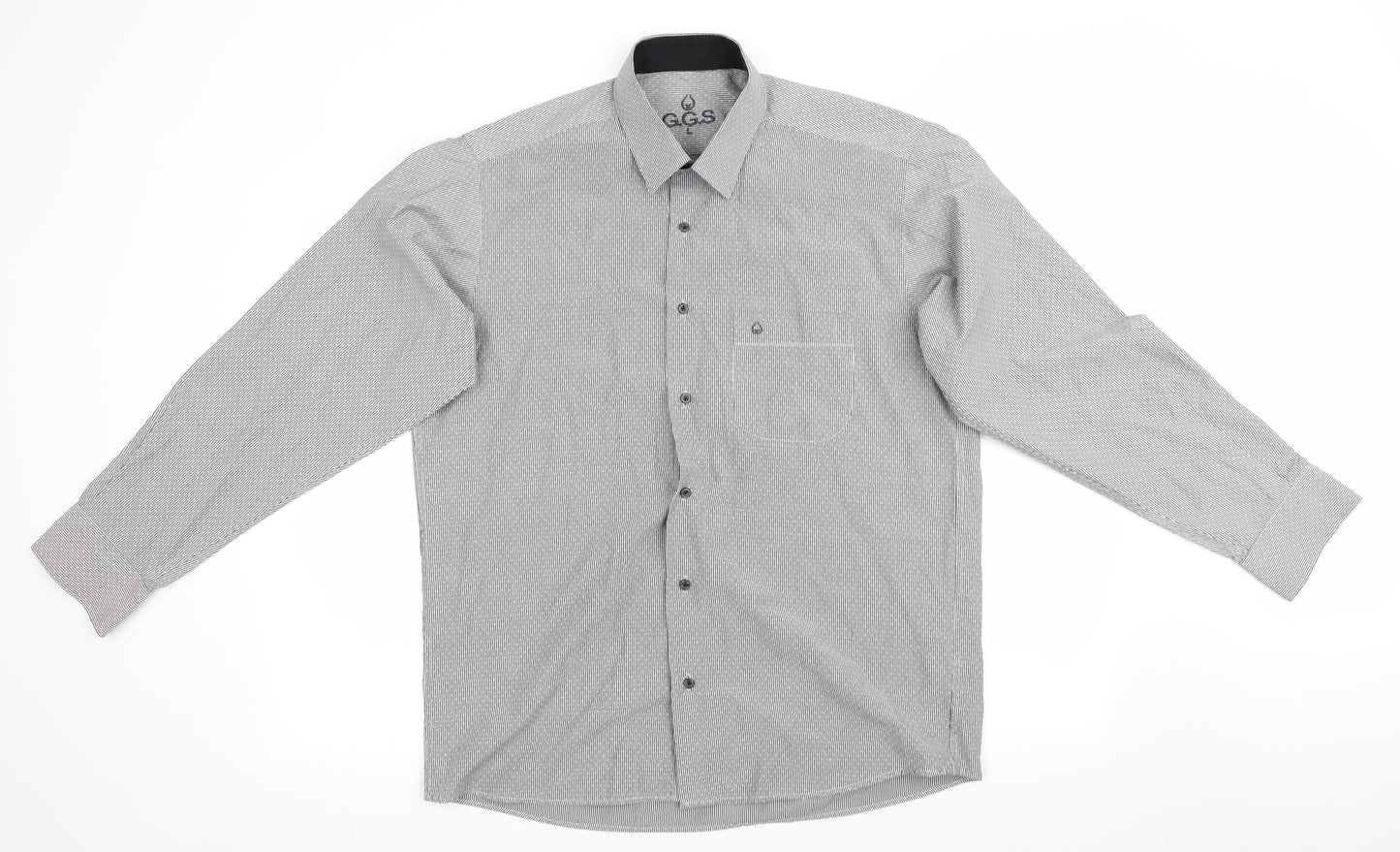 GGS Mens Grey Striped   Button-Up Size L  - Vertical broken stripe with dots