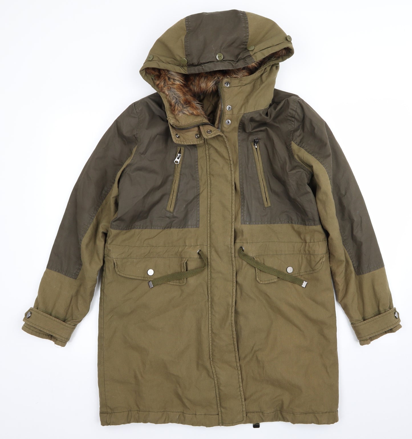 Topshop Womens Green   Parka Coat Size 6  - Faux Fur Lined Hood Two tone green
