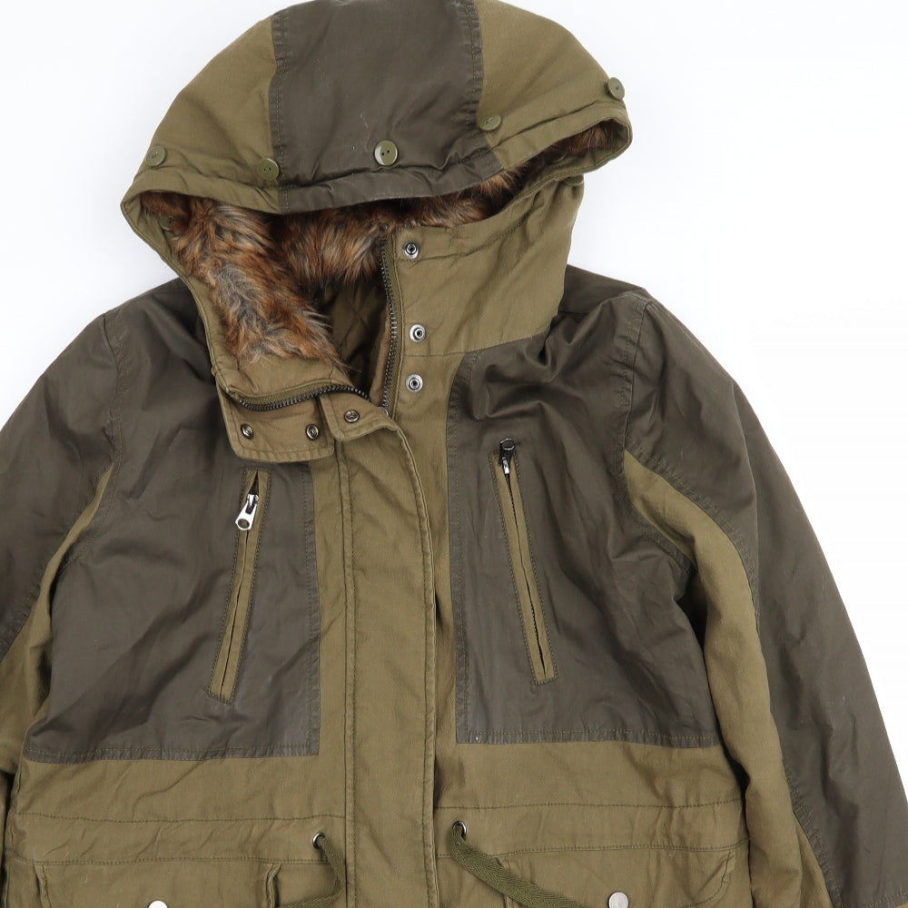 Topshop Womens Green   Parka Coat Size 6  - Faux Fur Lined Hood Two tone green