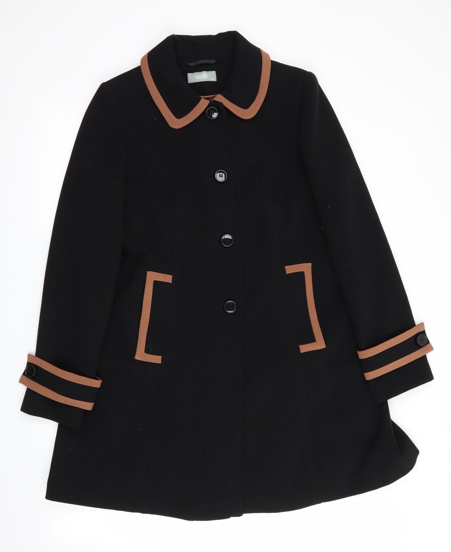 Wallis Womens Black   Overcoat Coat Size 12  - Brown Trim Details