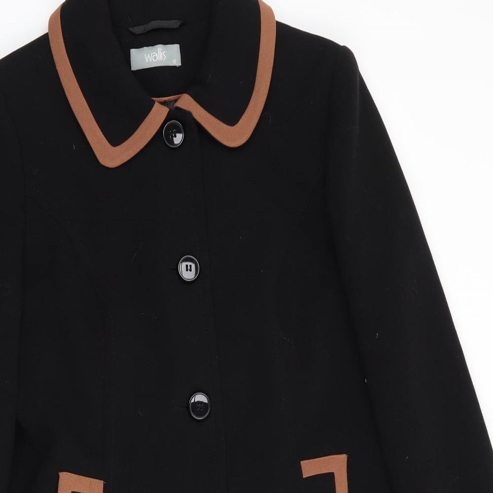 Wallis Womens Black   Overcoat Coat Size 12  - Brown Trim Details