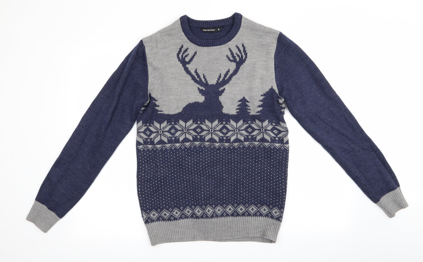 Cedar Wood State Mens Blue Animal Print  Pullover Jumper Size S  - Reindeer Blue and grey