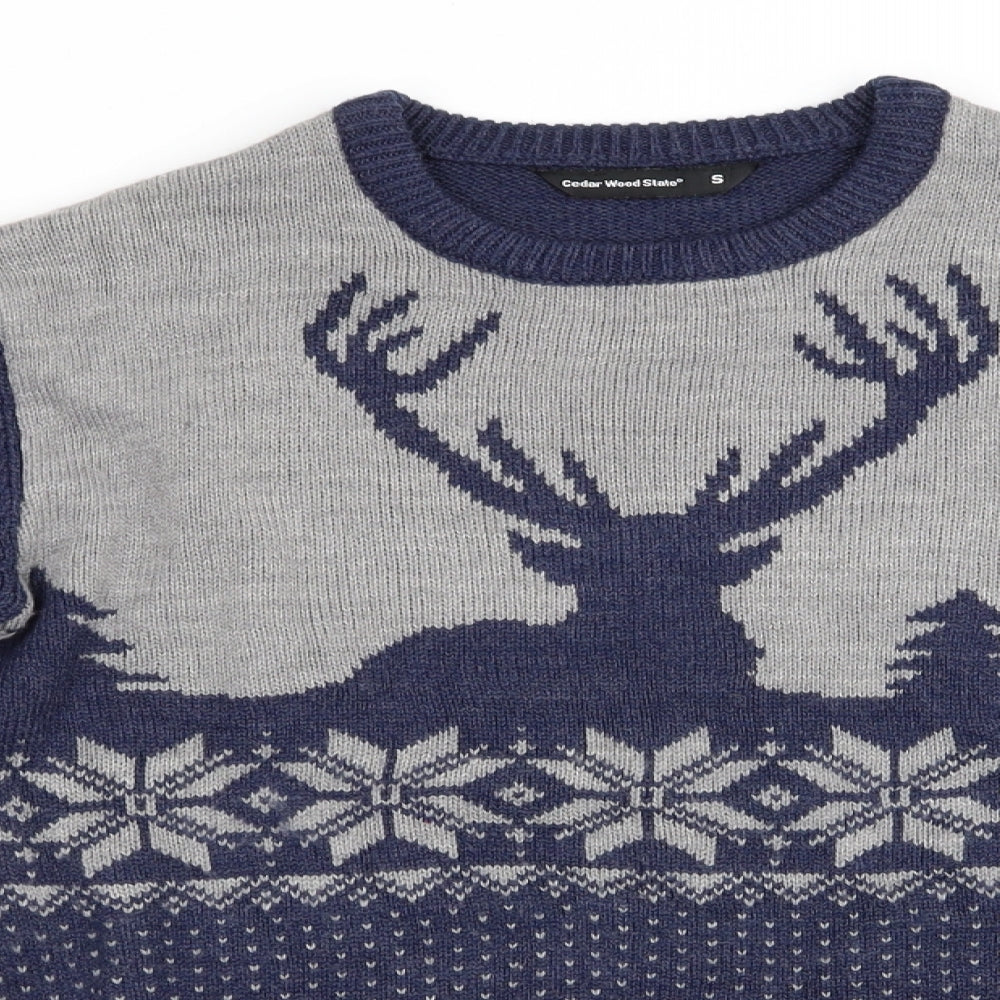 Cedar Wood State Mens Blue Animal Print  Pullover Jumper Size S  - Reindeer Blue and grey