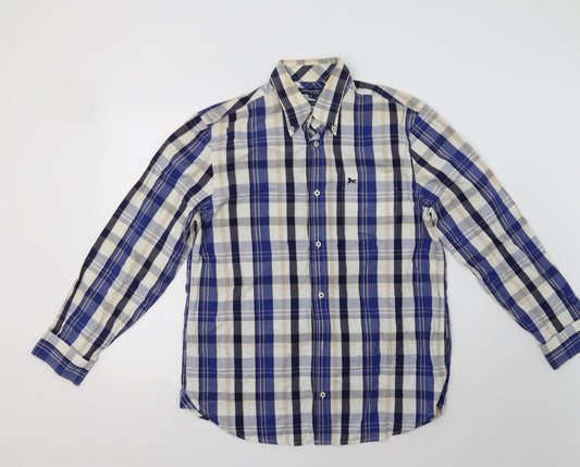 Front view of Matalan men’s blue check button-up, size M