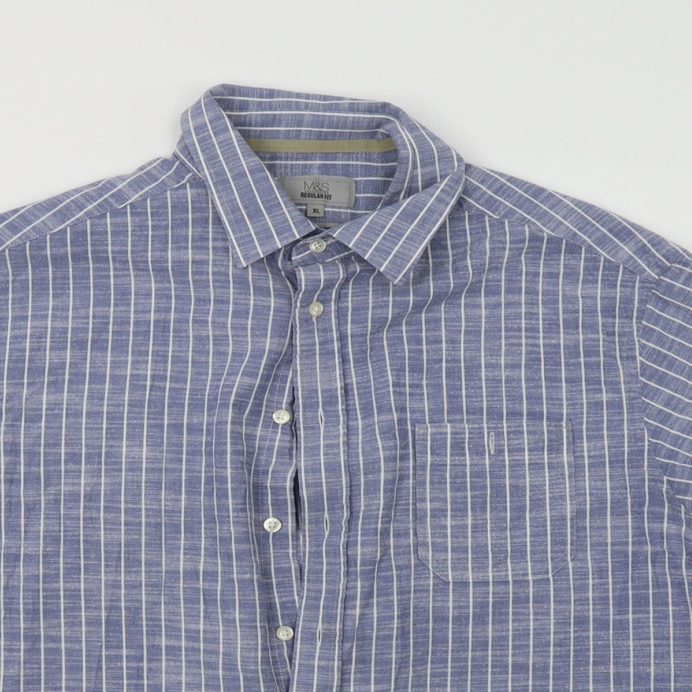 M&S Mens Blue Striped   Button-Up Size XL