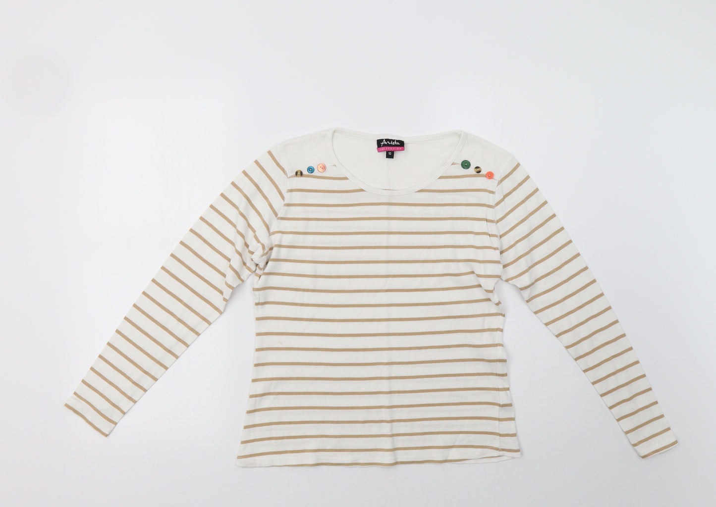 Arista Womens White Striped  Basic T-Shirt Size 10