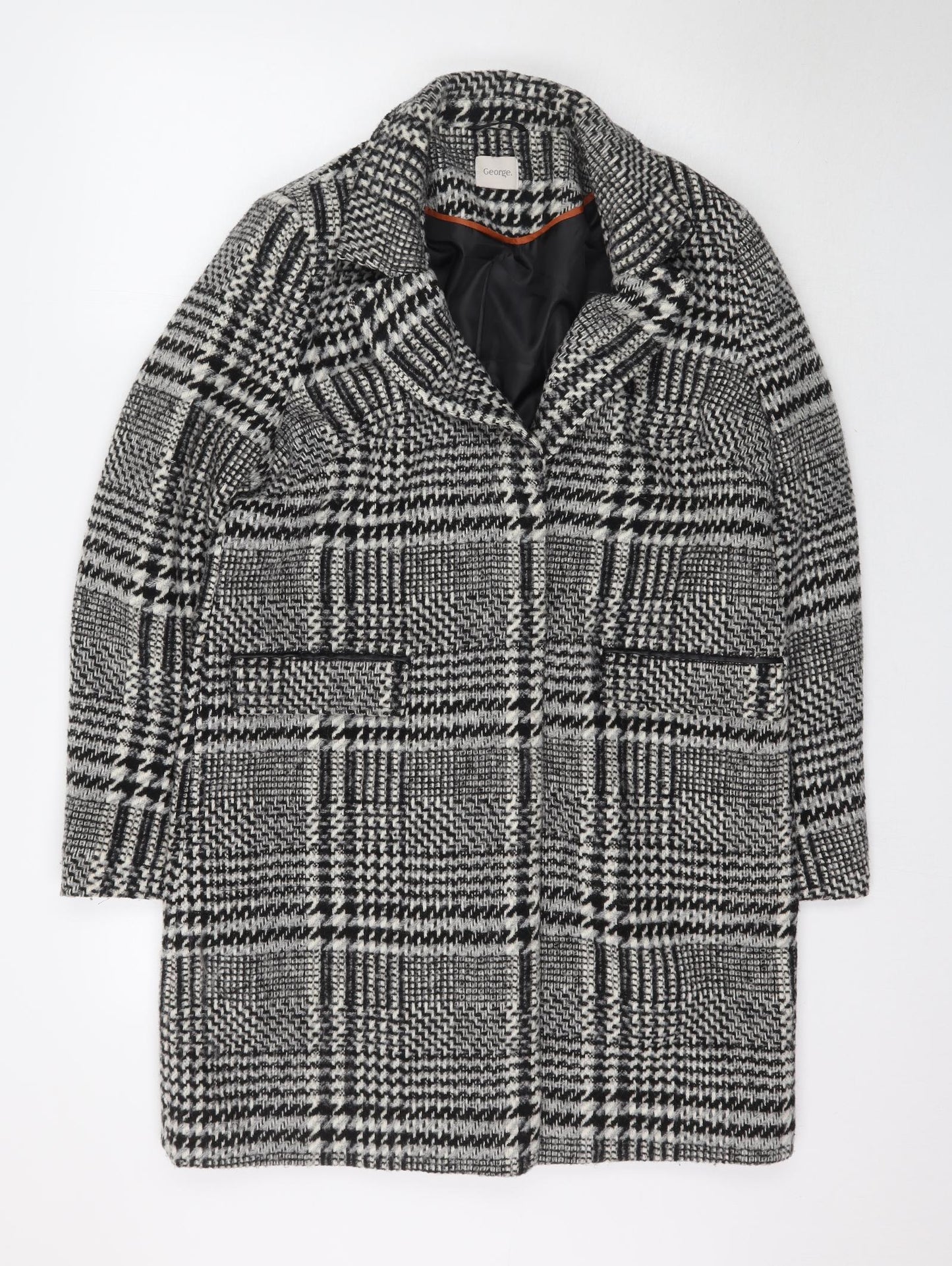 George Womens Black Plaid  Overcoat Coat Size 14