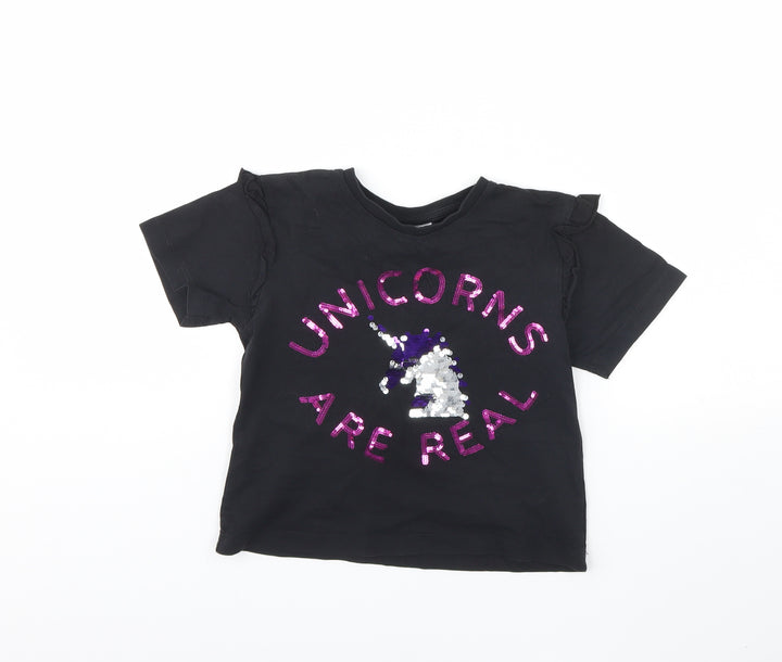 Preworn Girls Black Camisole T-Shirt Size 7 Years - Unicorns