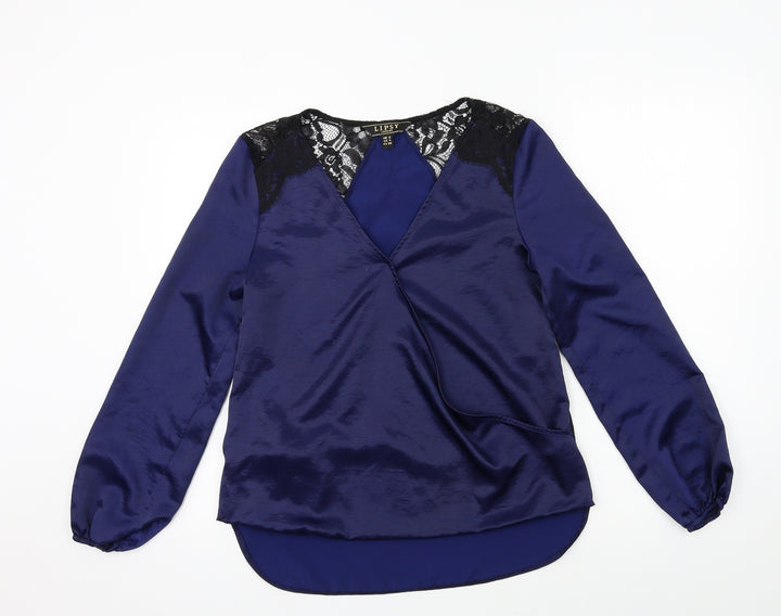 Lipsy Womens Blue Satin Basic Blouse Size 8