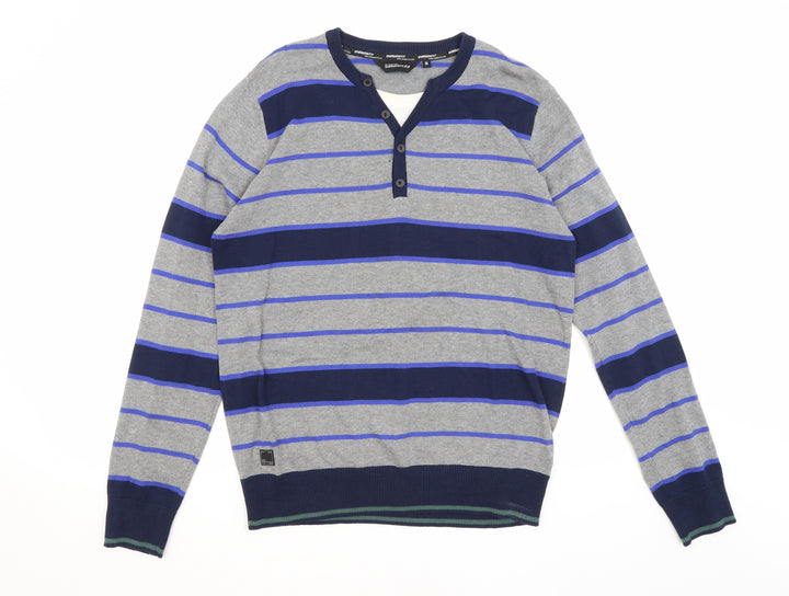 Dissident Mens Grey Striped Pullover Jumper Size M