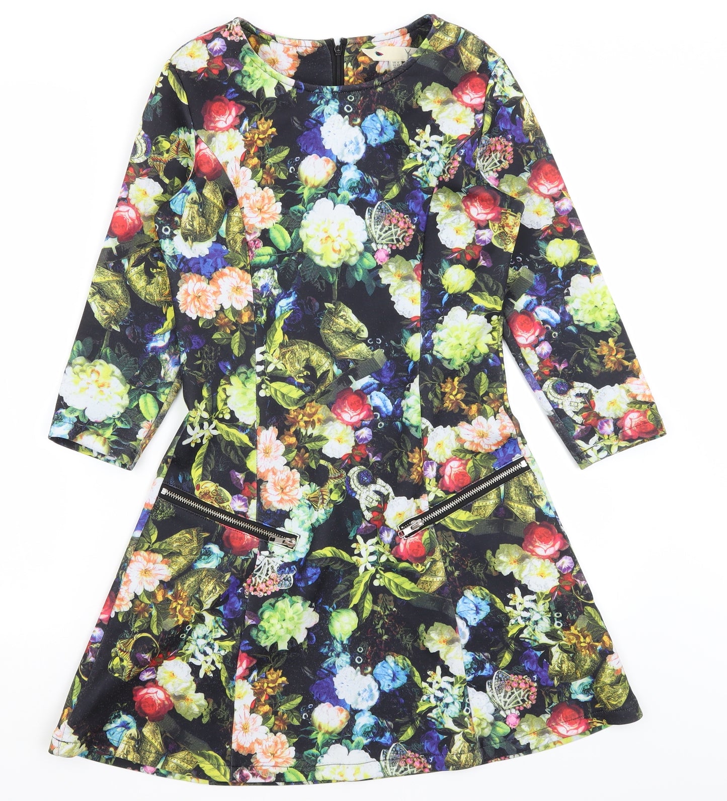 Yumi Womens Black Floral  Fit & Flare  Size 6
