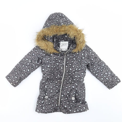 Emoi Girls Grey Animal Print  Parka Jacket Size 3 Years