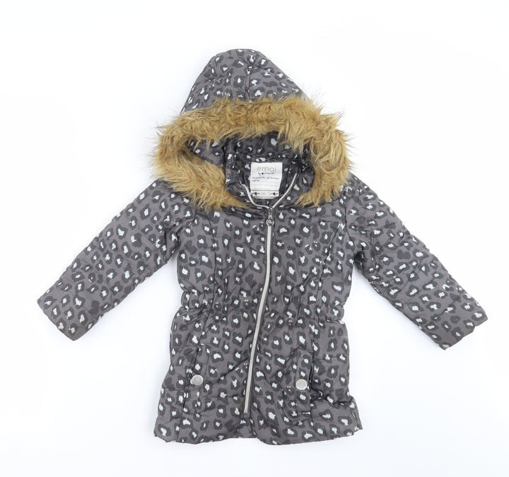 Emoi Girls Grey Animal Print  Parka Jacket Size 3 Years