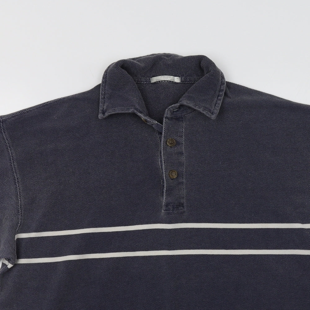 M&S Mens Grey Striped   Polo Size M