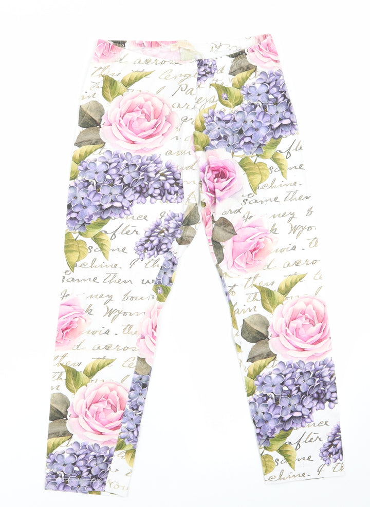 Monalisa Girls White Floral Pyjama Pants Size L - Pink Purple Flowers Cropped