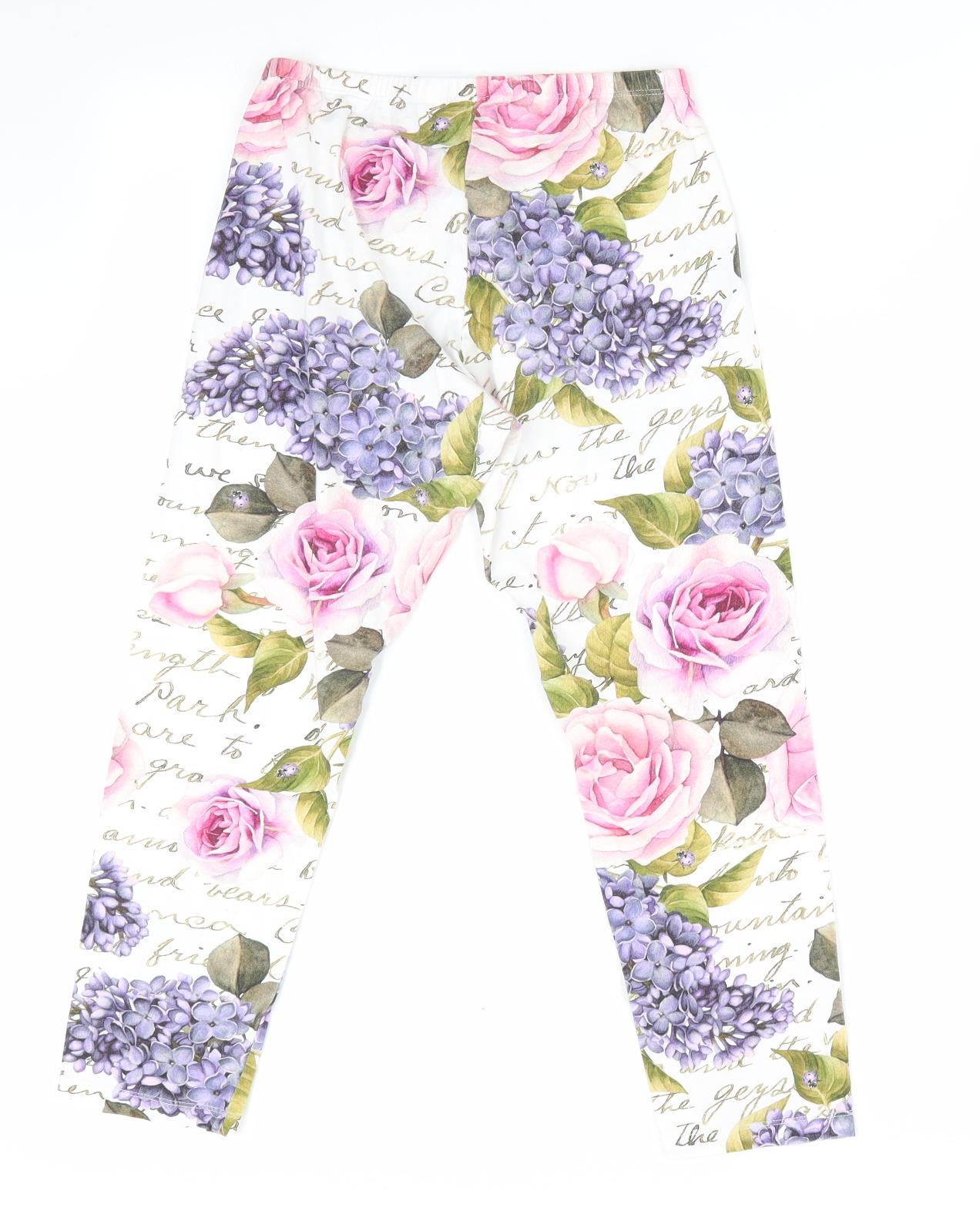 Monalisa Girls White Floral   Pyjama Pants Size L  - Pink Purple Flowers Cropped