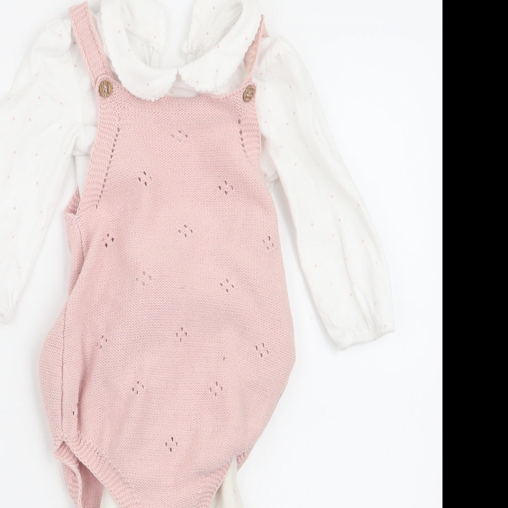 George Girls Pink Polka Dot  Dungaree One-Piece Size 6-9 Months  - Comprises set of dungarees romper suit & tights