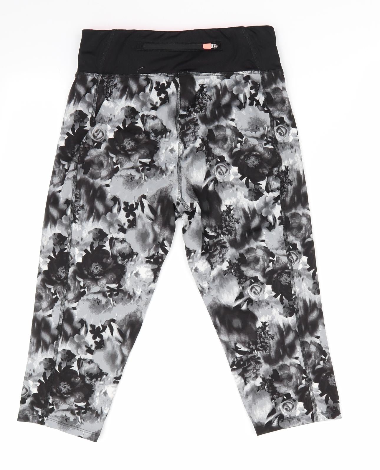 NX Sport Womens Black Floral  Cropped Leggings Size 12 L18 in - Back Waistband Pocket