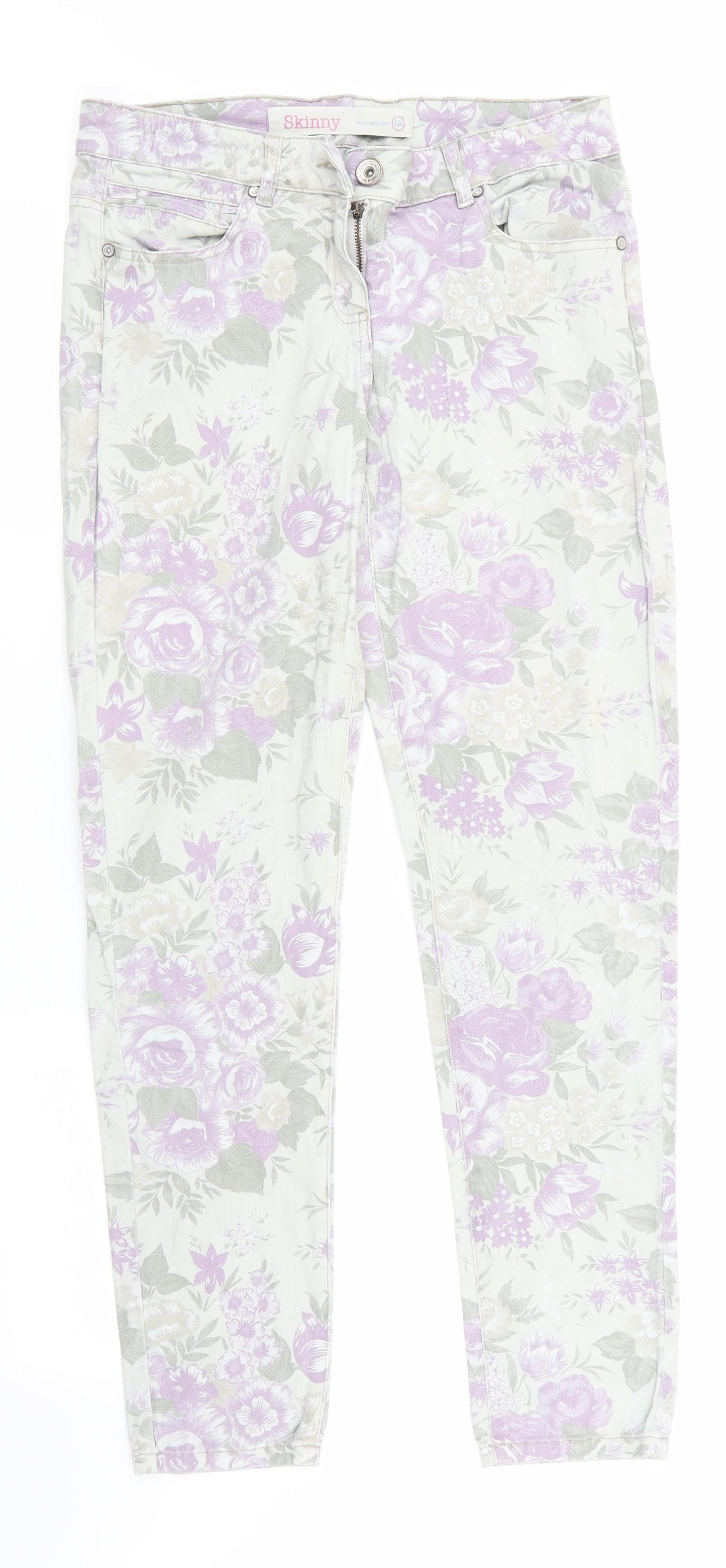 NEXT Womens Grey Floral  Skinny Jeans Size 12 L28.5 in - Light grey with purple green floral