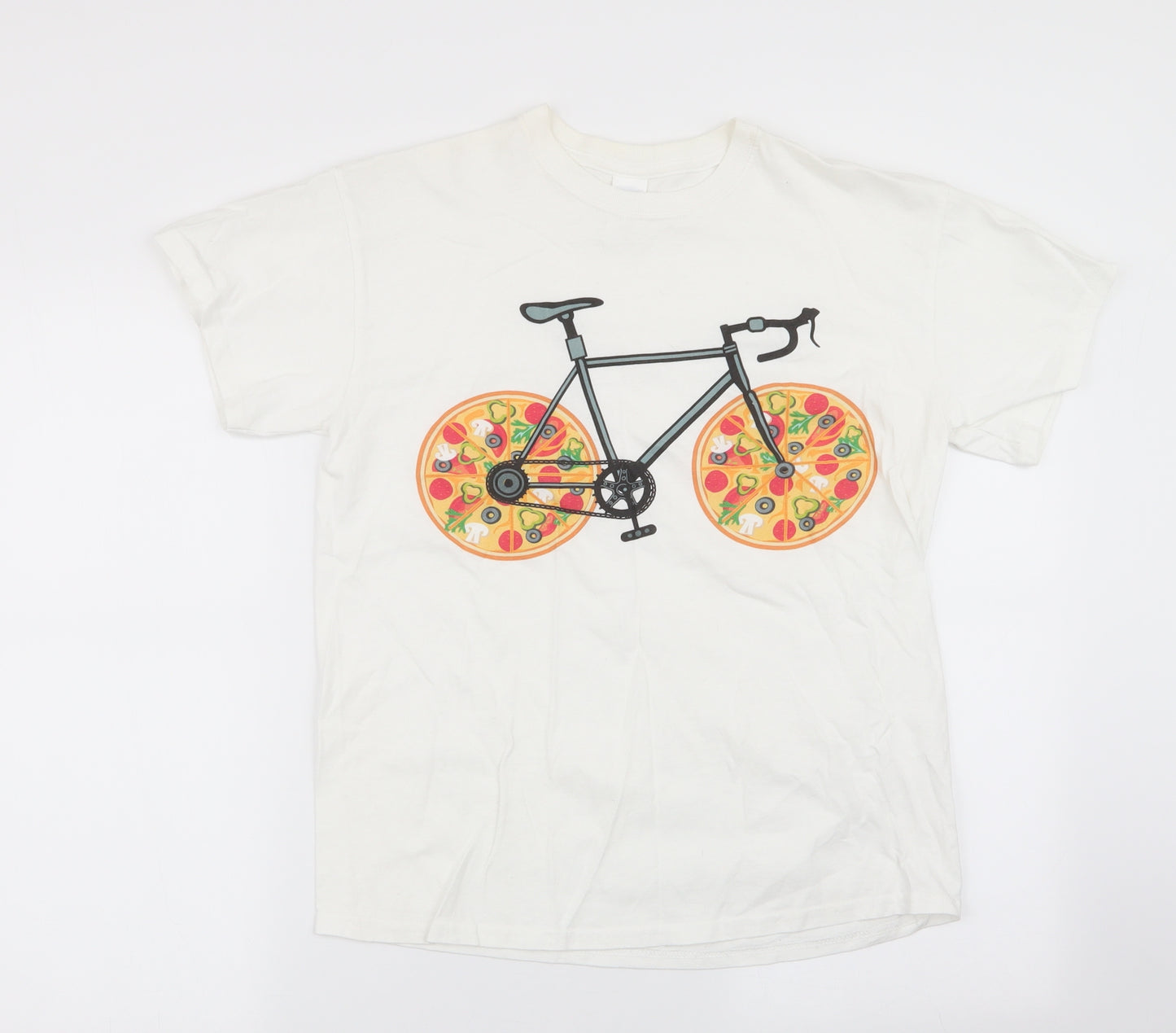 Gildan Womens White   Basic T-Shirt Size M  - Bicycle with Pizza wheels